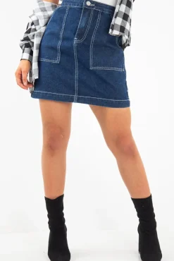 Rebellious Fashion Dark Wash Contrast Stitch Denim Mini Skirt - Remee