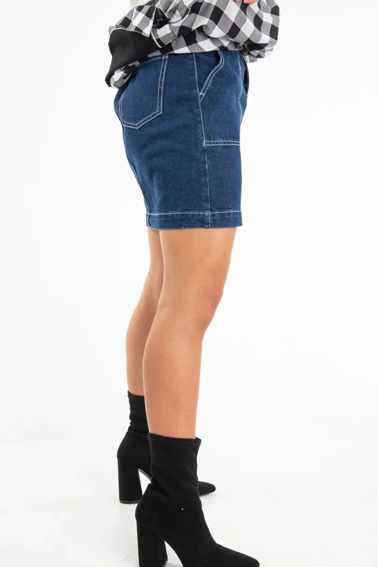 Rebellious Fashion Dark Wash Contrast Stitch Denim Mini Skirt - Remee