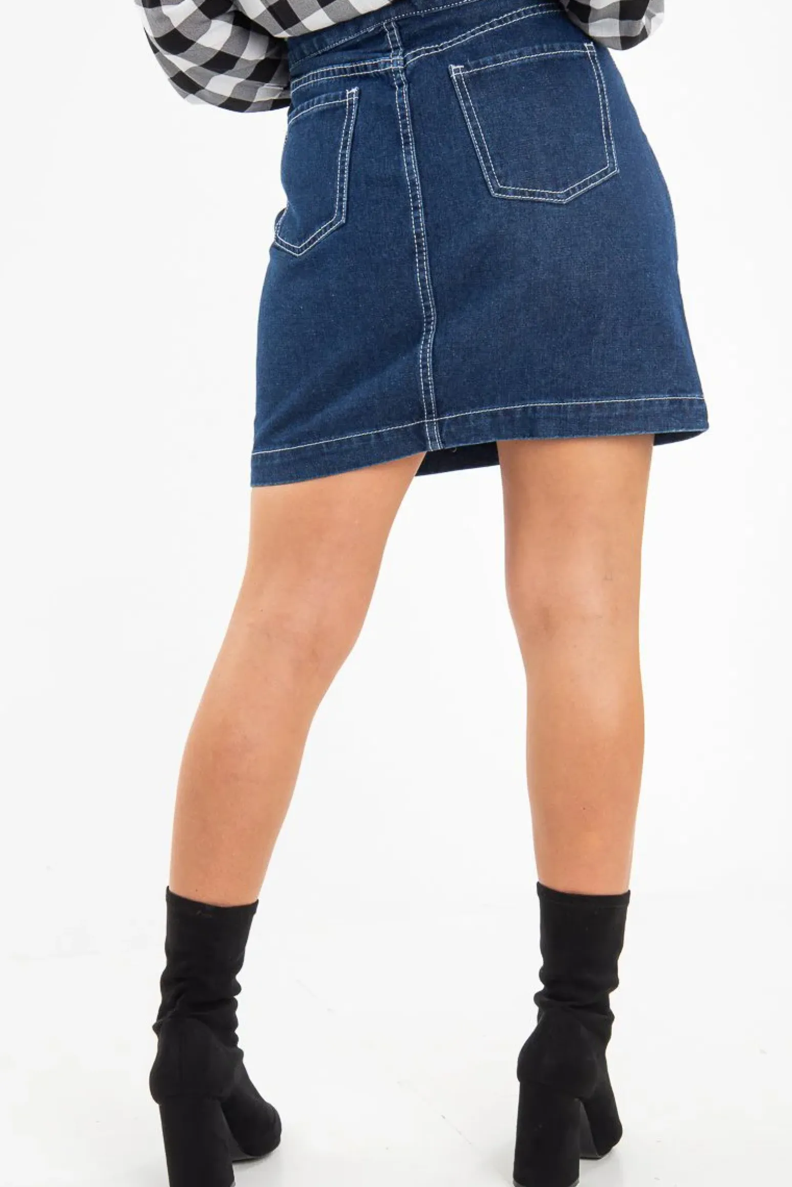 Rebellious Fashion Dark Wash Contrast Stitch Denim Mini Skirt - Remee