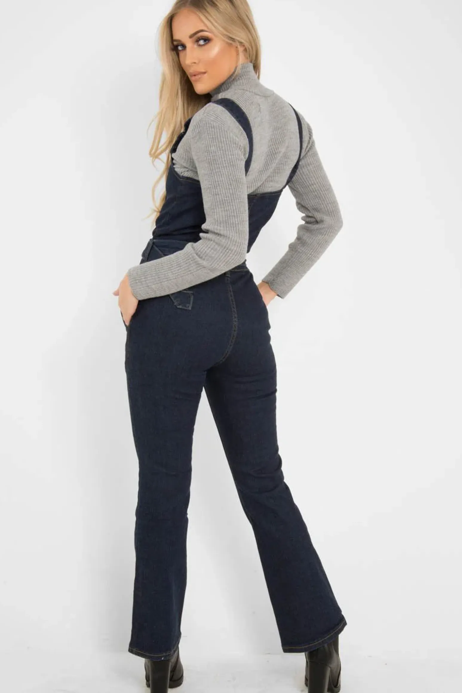 Rebellious Fashion Dark Wash Flare Leg Denim Jumpsuit - Maryclaire