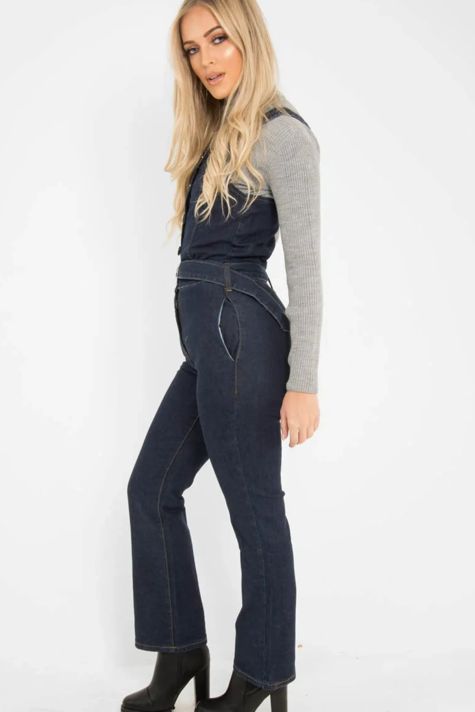 Rebellious Fashion Dark Wash Flare Leg Denim Jumpsuit - Maryclaire