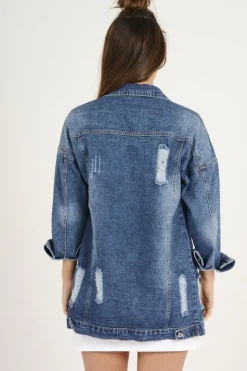 Rebellious Fashion Dark Wash Pocket Studded Distressed Oversized Denim Jacket - Huda