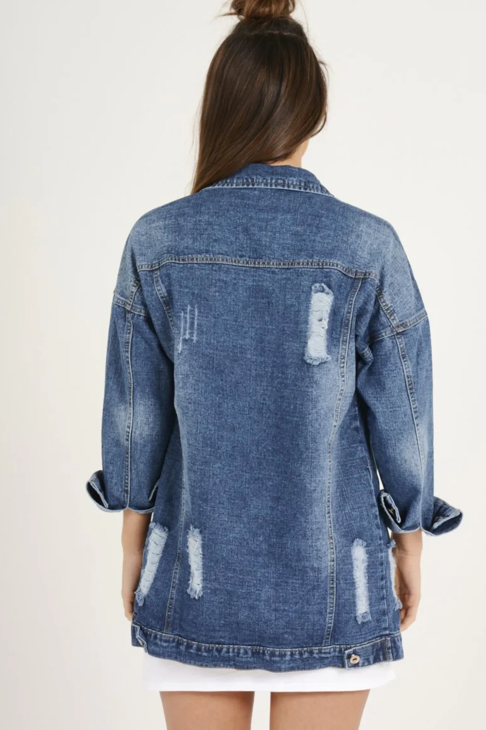 Rebellious Fashion Dark Wash Pocket Studded Distressed Oversized Denim Jacket - Huda