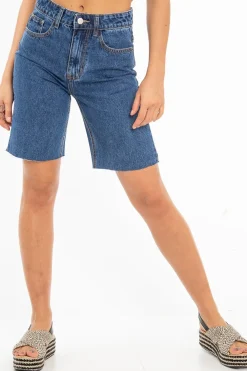 Rebellious Fashion Dark Wash Raw Hem Longline Denim Shorts - Melissa