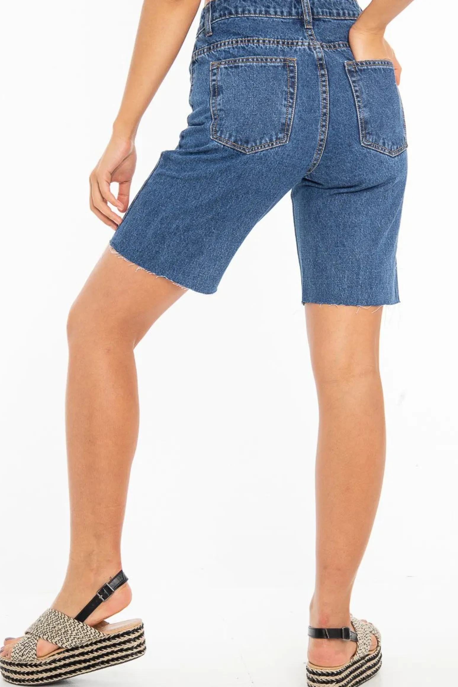 Rebellious Fashion Dark Wash Raw Hem Longline Denim Shorts - Melissa