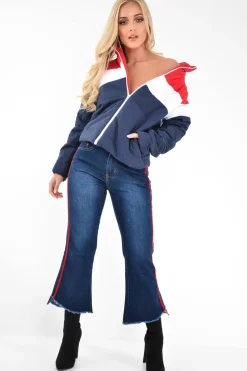 Rebellious Fashion Dark Wash Red Constrast Stripe Jeans - Kayda
