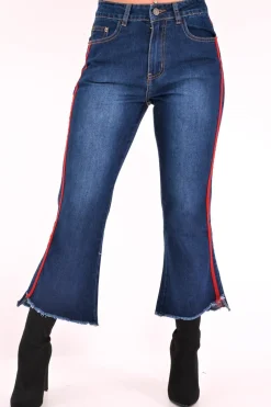 Rebellious Fashion Dark Wash Red Constrast Stripe Jeans - Kayda