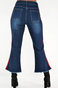 Rebellious Fashion Dark Wash Red Constrast Stripe Jeans - Kayda