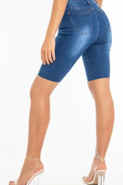 Rebellious Fashion Dark Wash Seam Front Raw Hem Denim Cycle Shorts - Kayli