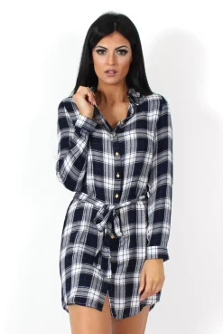 Rebellious Fashion Darla Navy And White Checked Shirt Dress