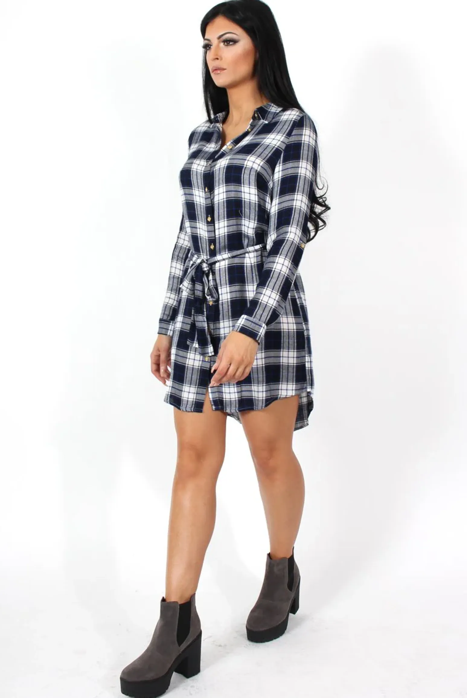 Rebellious Fashion Darla Navy And White Checked Shirt Dress