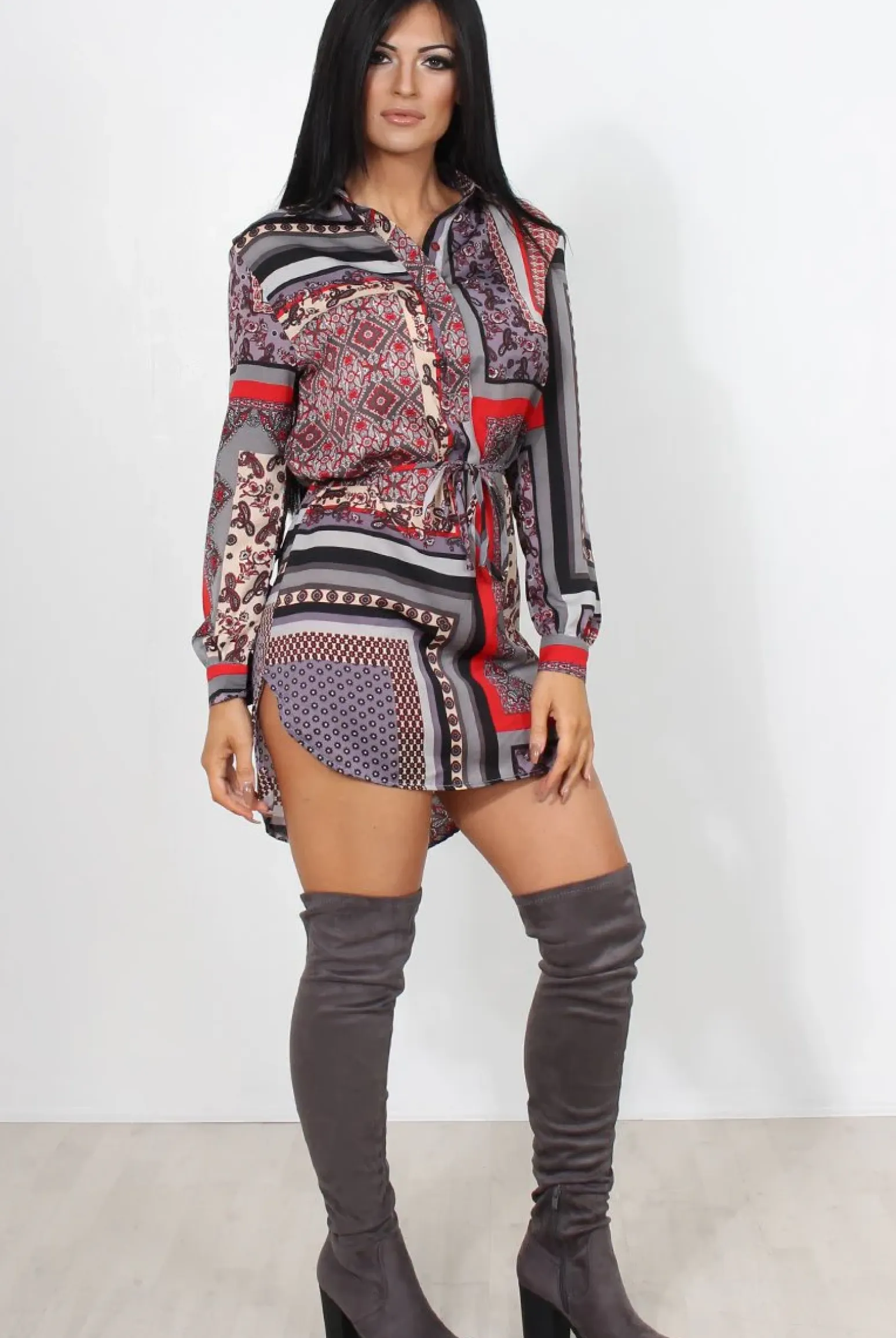 Rebellious Fashion Darna Grey Paisley Print Shirt Dress