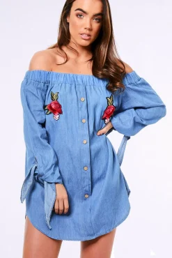 Rebellious Fashion Denim Bardot Embroidered Mini Dress - Lena