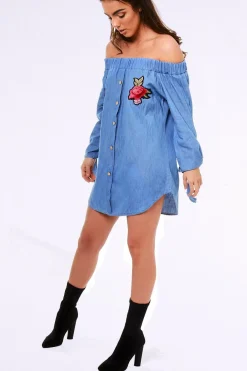 Rebellious Fashion Denim Bardot Embroidered Mini Dress - Lena