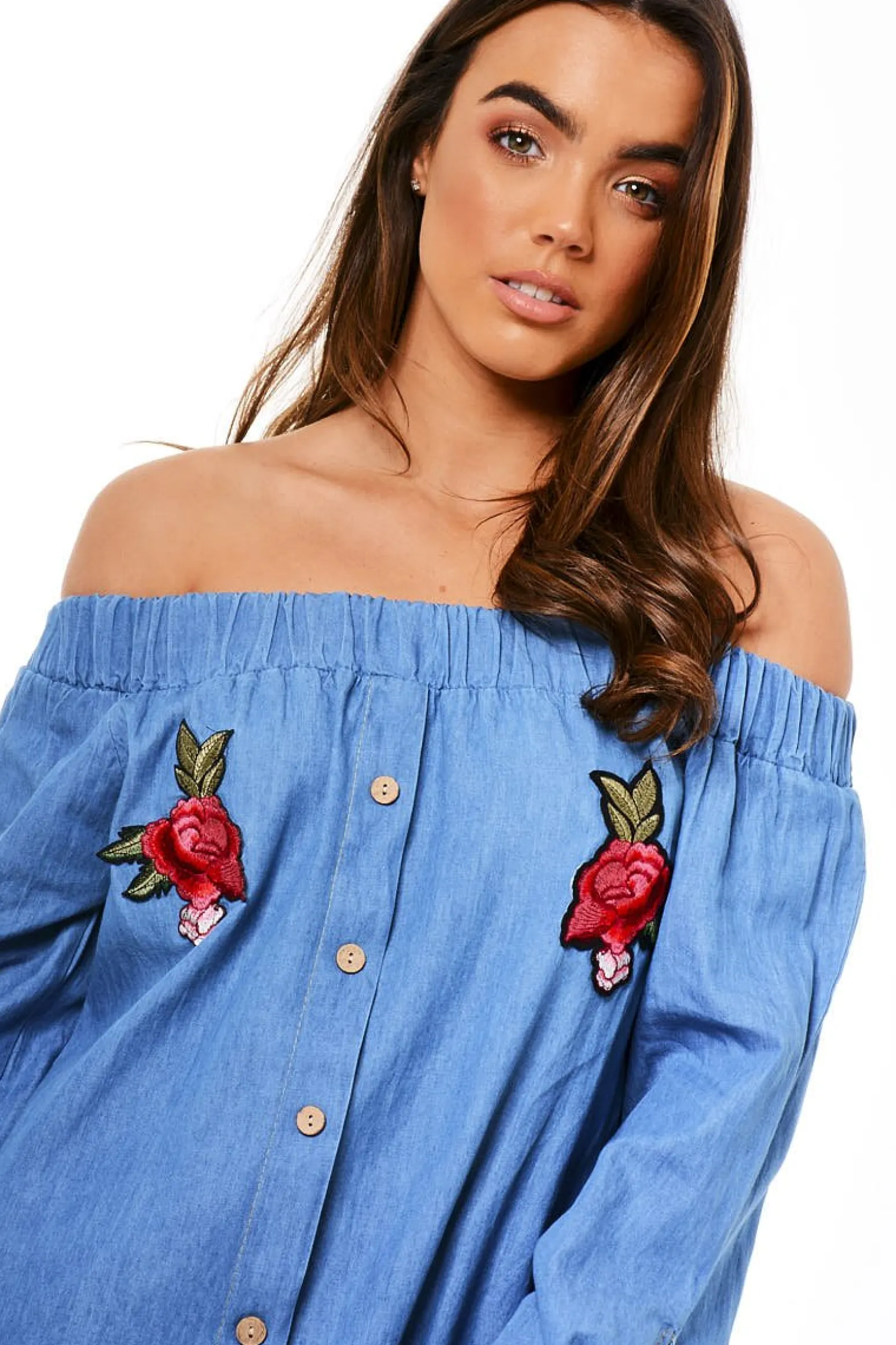 Rebellious Fashion Denim Bardot Embroidered Mini Dress - Lena
