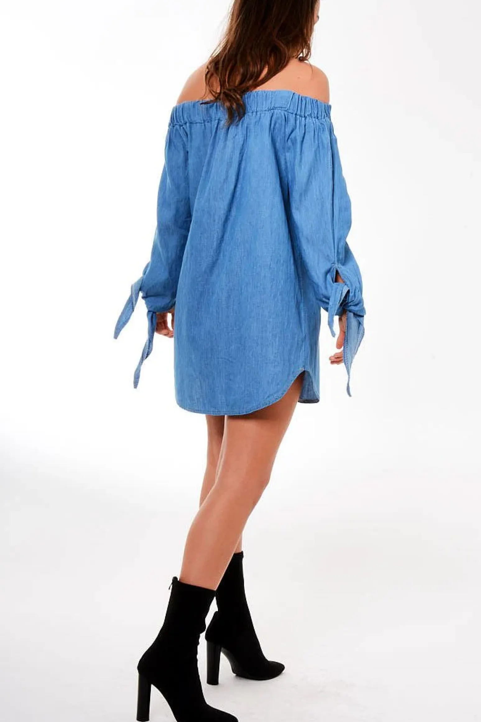 Rebellious Fashion Denim Bardot Embroidered Mini Dress - Lena