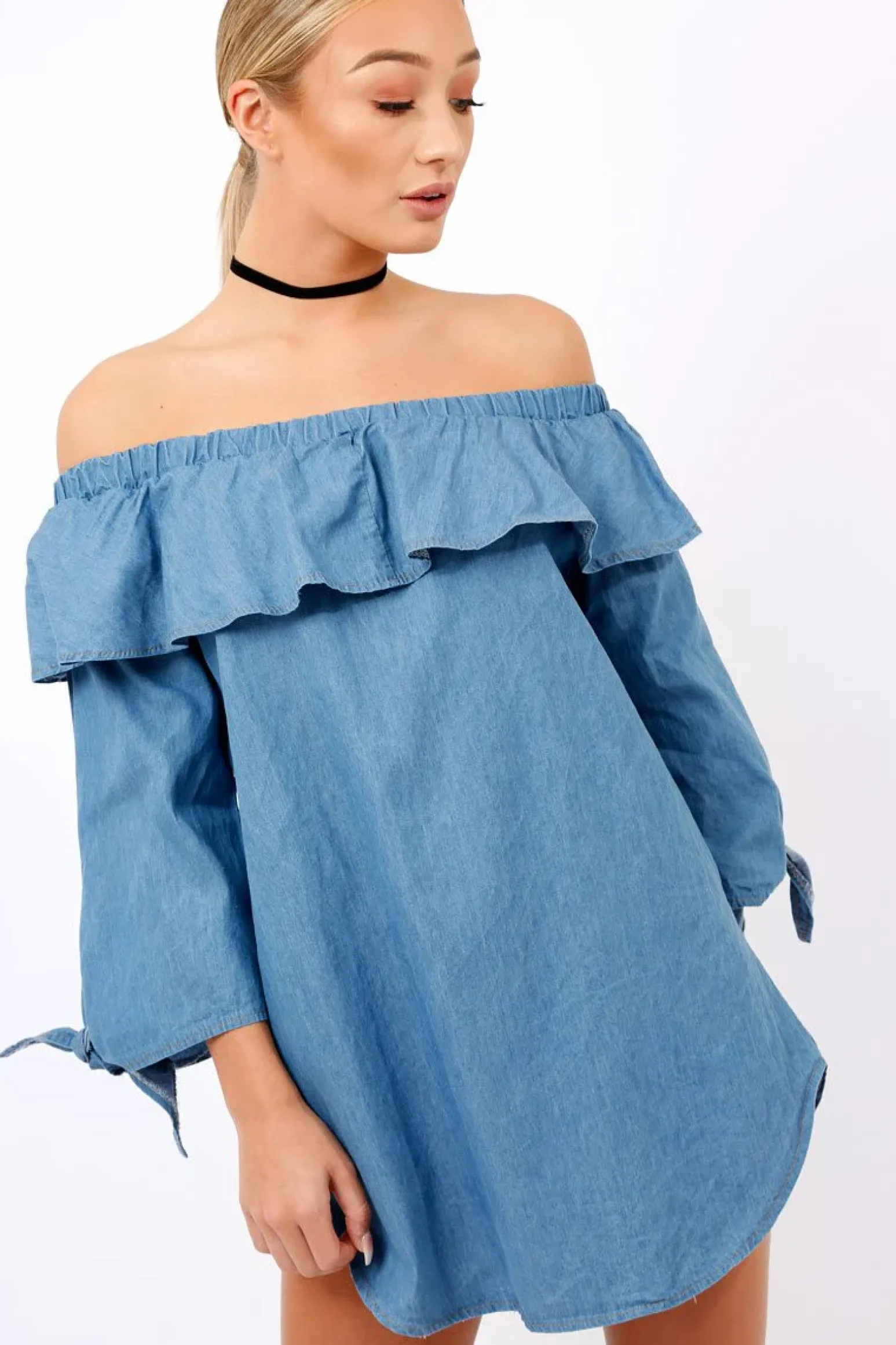 Rebellious Fashion Denim Blue Frill Bardot Dress - Layna