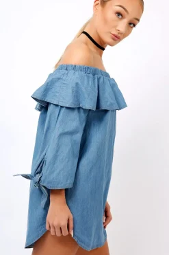 Rebellious Fashion Denim Blue Frill Bardot Dress - Layna