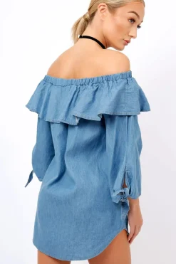 Rebellious Fashion Denim Blue Frill Bardot Dress - Layna