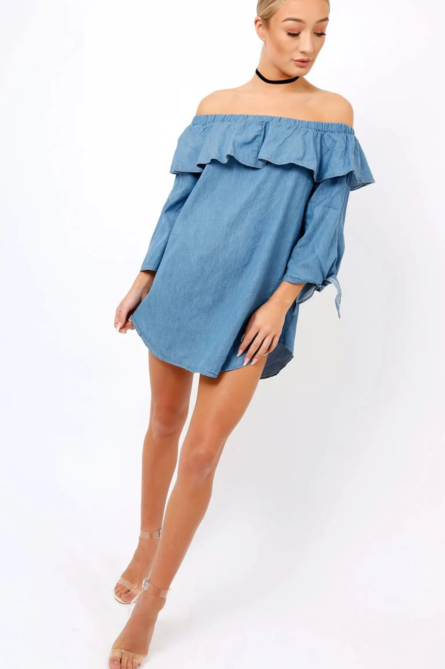 Rebellious Fashion Denim Blue Frill Bardot Dress - Layna
