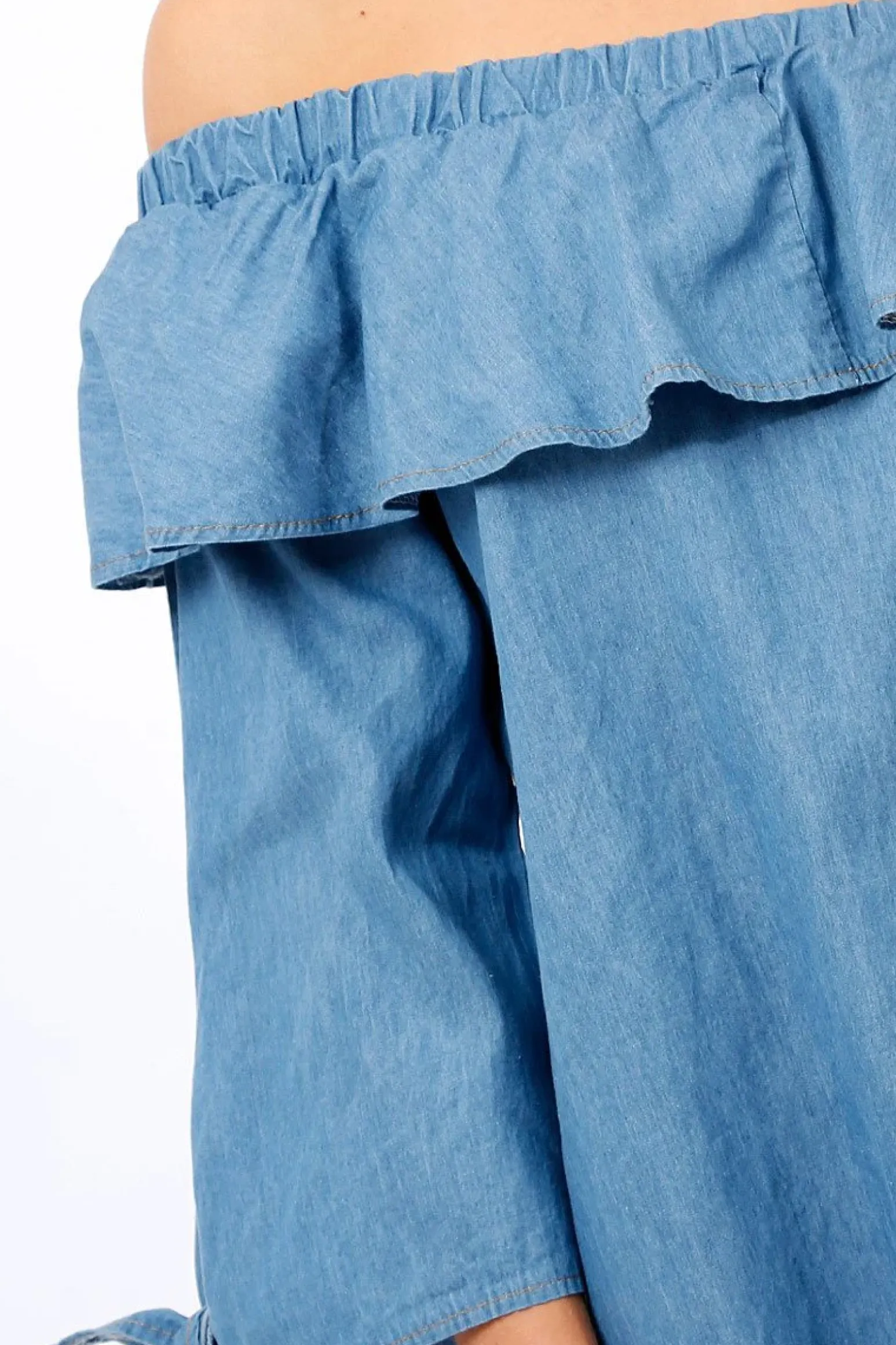 Rebellious Fashion Denim Blue Frill Bardot Dress - Layna