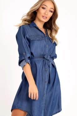 Rebellious Fashion Denim Button Down Tie Waist Shirt Dress - Delores