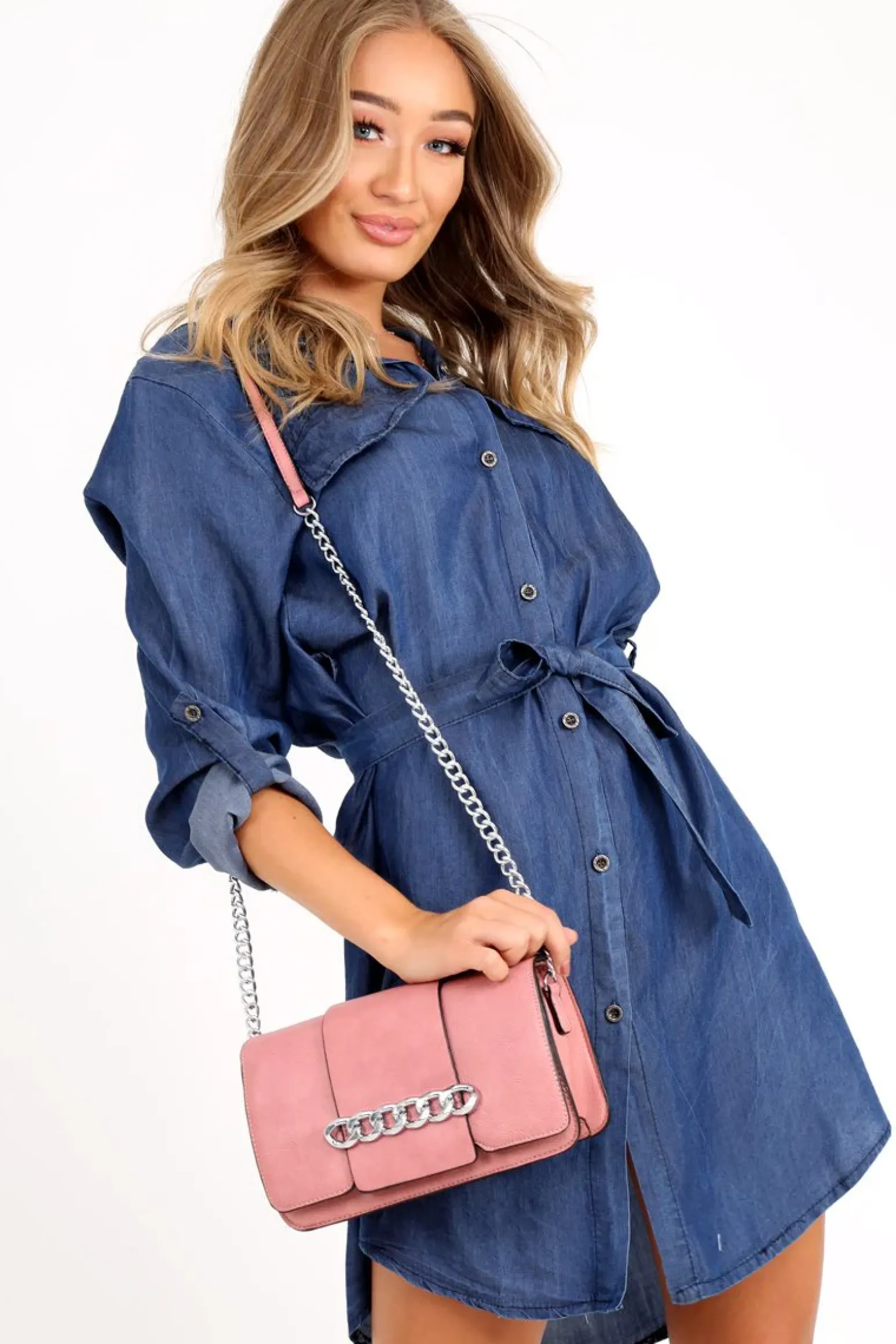 Rebellious Fashion Denim Button Down Tie Waist Shirt Dress - Delores