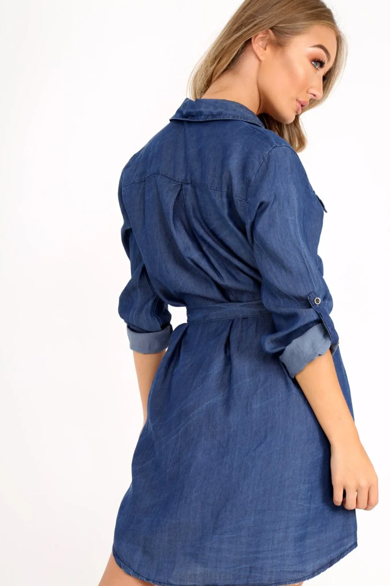 Rebellious Fashion Denim Button Down Tie Waist Shirt Dress - Delores