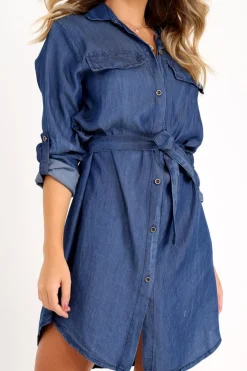 Rebellious Fashion Denim Button Down Tie Waist Shirt Dress - Delores