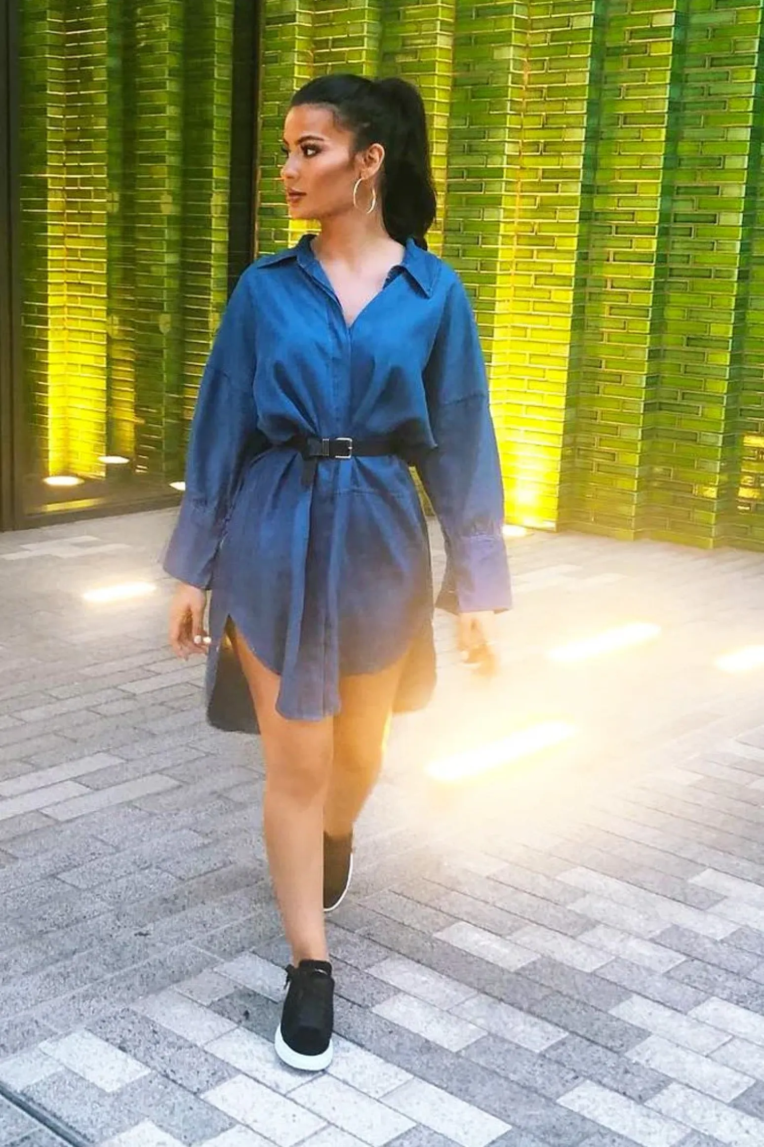 Rebellious Fashion Denim Button Down Tie Waist Shirt Dress - Delores
