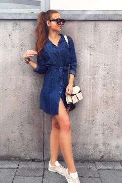 Rebellious Fashion Denim Button Down Tie Waist Shirt Dress - Delores
