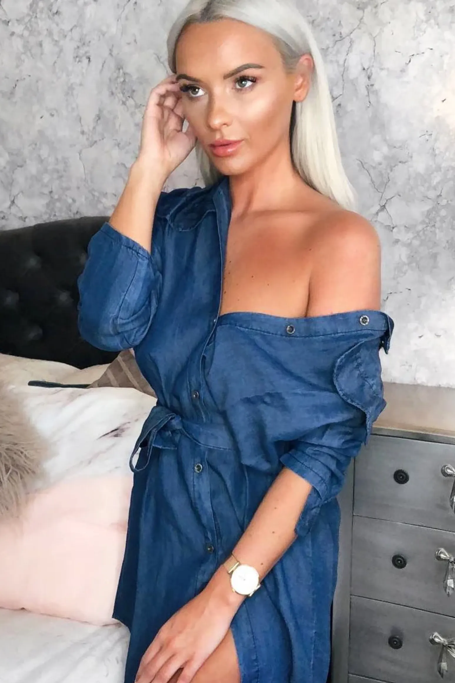 Rebellious Fashion Denim Button Down Tie Waist Shirt Dress - Delores