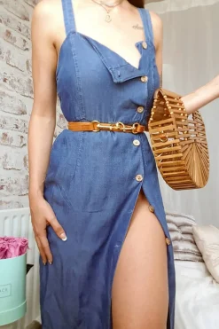 Rebellious Fashion Denim Button Front Wide Strap Midi Dress - Raffaella