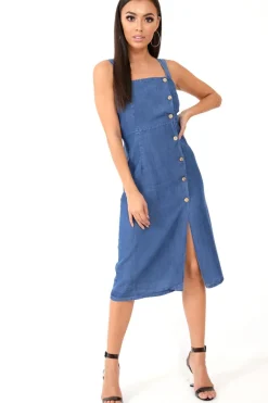 Rebellious Fashion Denim Button Front Wide Strap Midi Dress - Raffaella