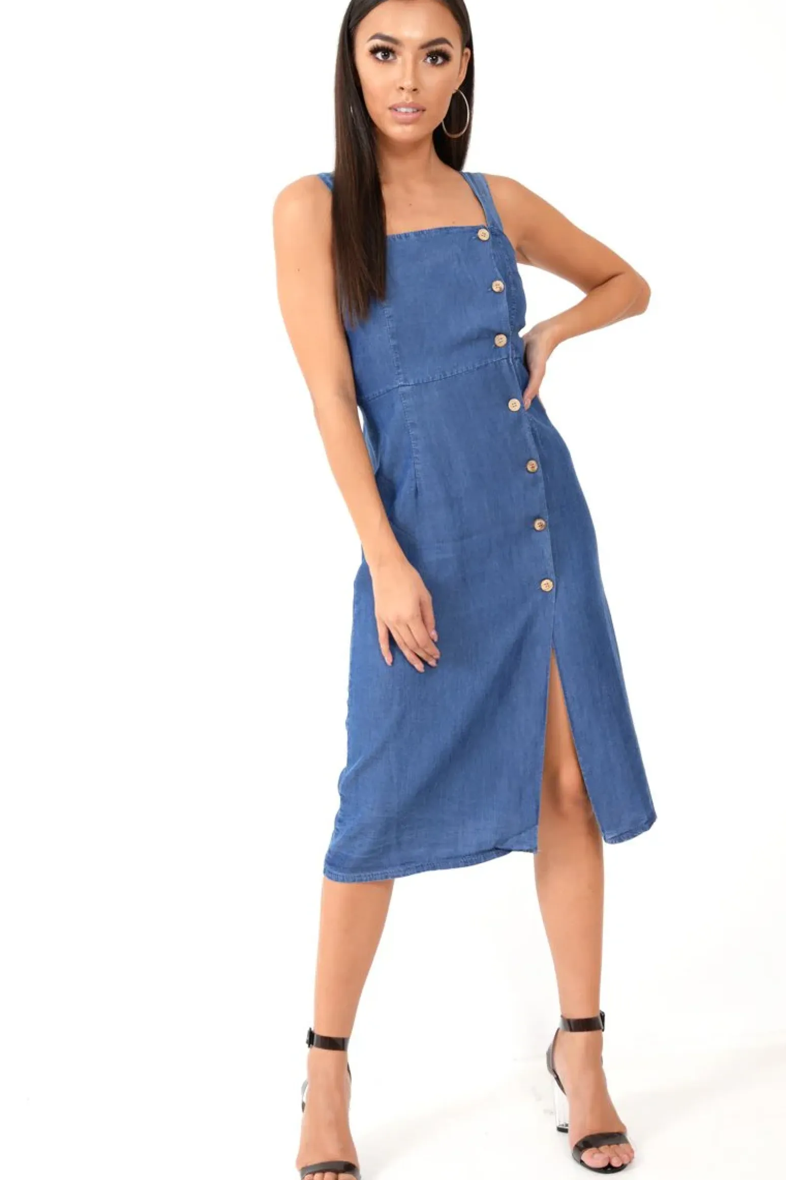 Rebellious Fashion Denim Button Front Wide Strap Midi Dress - Raffaella