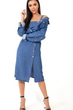 Rebellious Fashion Denim Button Front Wide Strap Midi Dress - Raffaella