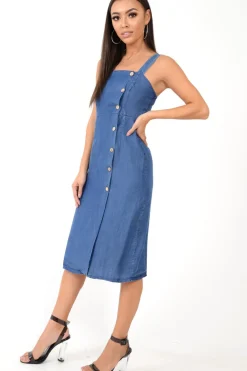 Rebellious Fashion Denim Button Front Wide Strap Midi Dress - Raffaella