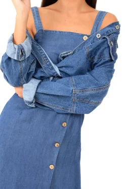 Rebellious Fashion Denim Button Front Wide Strap Midi Dress - Raffaella