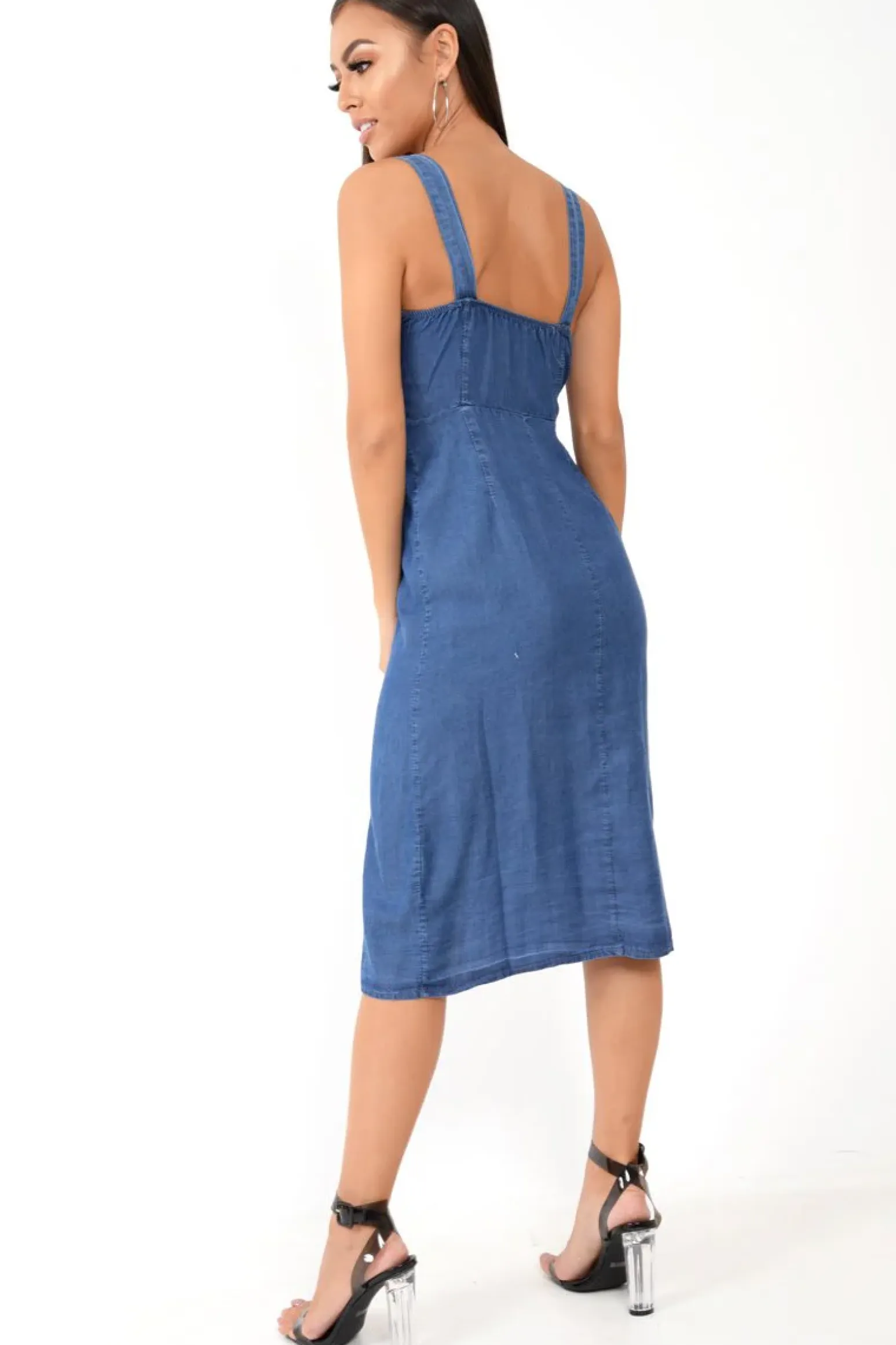Rebellious Fashion Denim Button Front Wide Strap Midi Dress - Raffaella