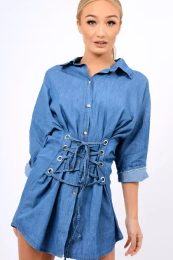 Rebellious Fashion Denim Corset Front Shirt Dress - Malika
