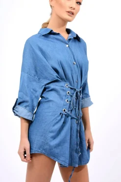 Rebellious Fashion Denim Corset Front Shirt Dress - Malika