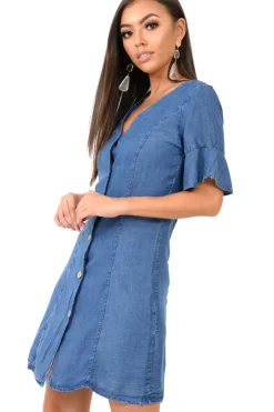 Rebellious Fashion Denim Plunge Short Sleeve Mini Shift Dress - Valeda