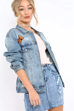Rebellious Fashion Denim Applique and Slogan Jacket - Idia