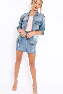 Rebellious Fashion Denim Applique and Slogan Jacket - Idia