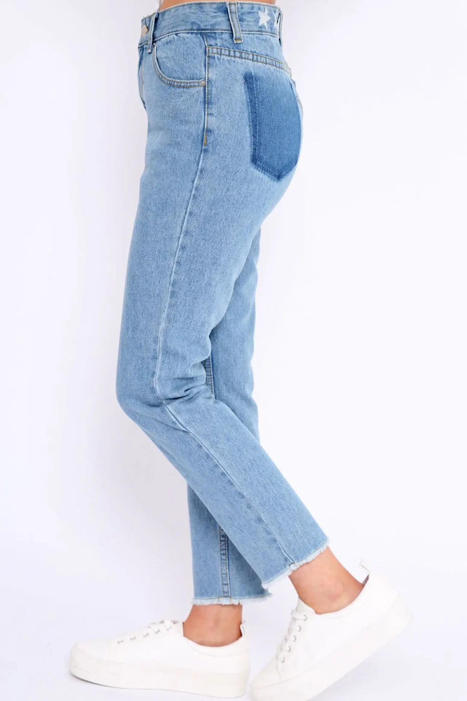 Rebellious Fashion Denim Blue Fake Pocket Star Jeans - Jaydy