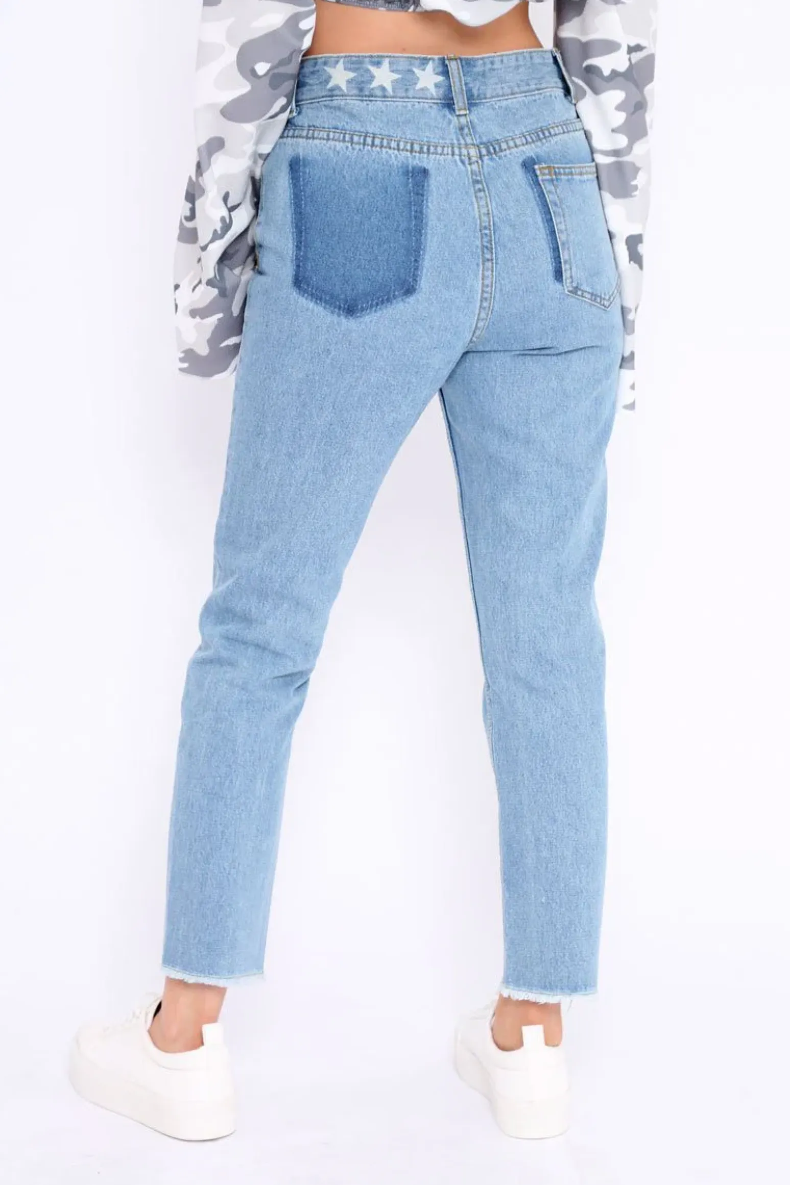 Rebellious Fashion Denim Blue Fake Pocket Star Jeans - Jaydy