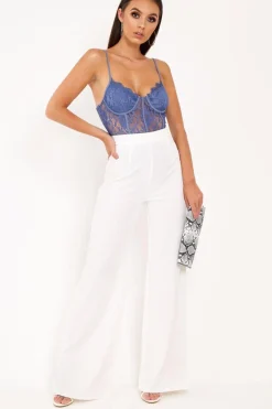 Rebellious Fashion Denim Blue Lace Flower Bodysuit - Faylen