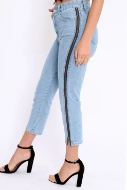 Rebellious Fashion Denim Blue Side Zip Jeans - Italia