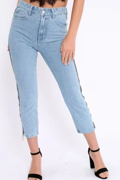 Rebellious Fashion Denim Blue Side Zip Jeans - Italia