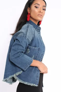 Rebellious Fashion Denim Distressed Frayed Hem jacket - Violetta